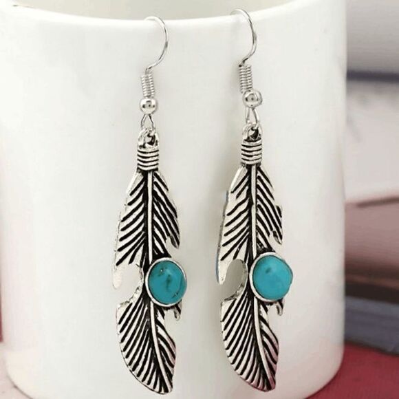 SILVER TURQUOISE FEATHER BOHO WESTERN TRIBAL DANGLE EARRINGS - Picture 2 of 3